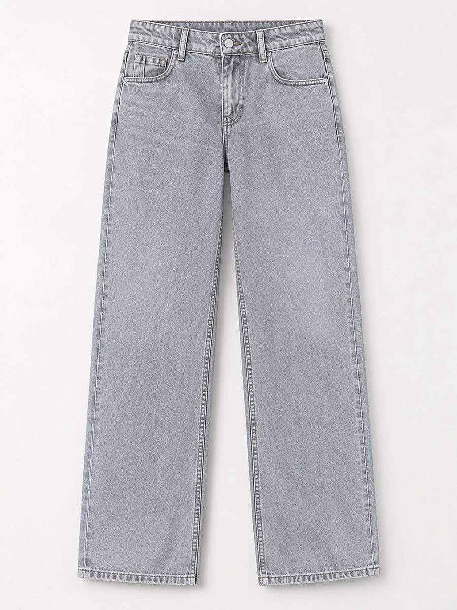 Light gray washed denim jeans with a straight-leg fit, shown flat against a light off-white background.