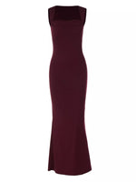 Maroon evening gown on a white background