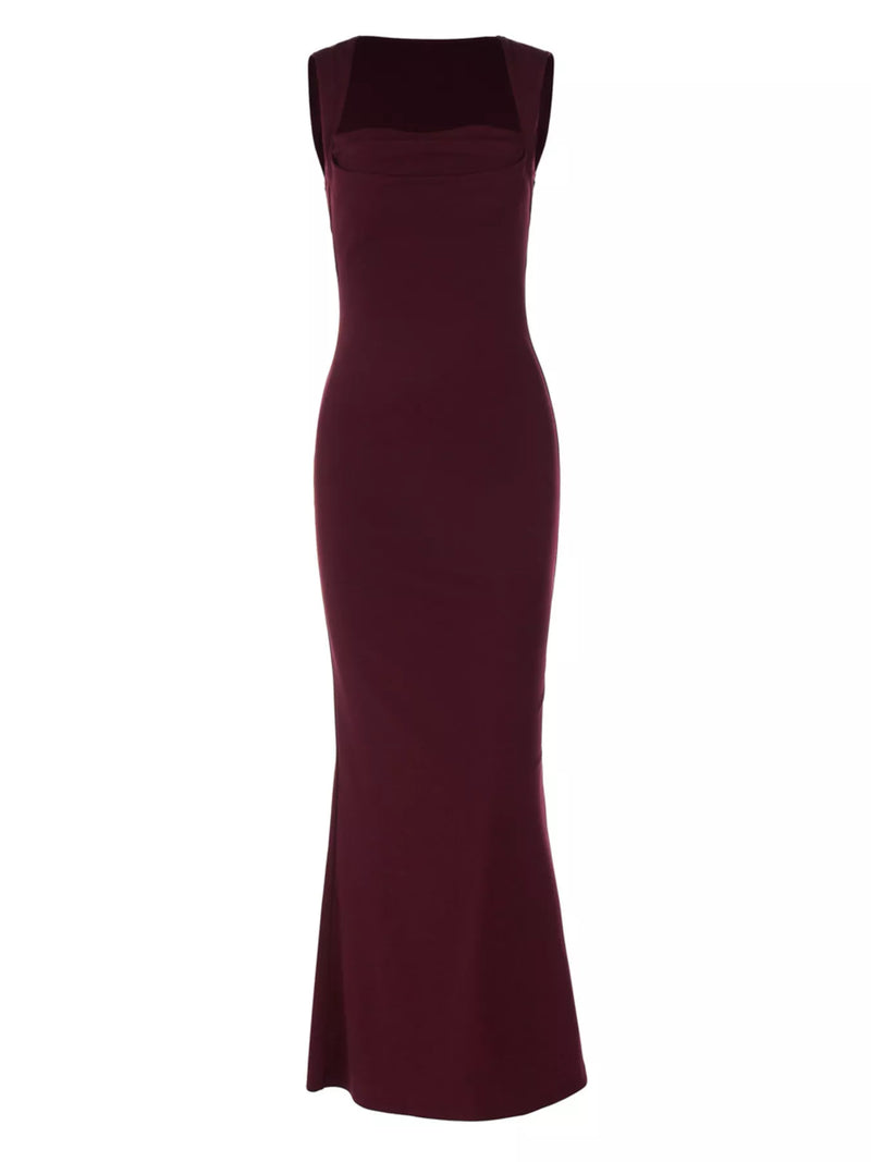 Maroon evening gown on a white background