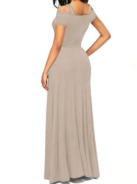 Beige off-shoulder evening gown on a white background