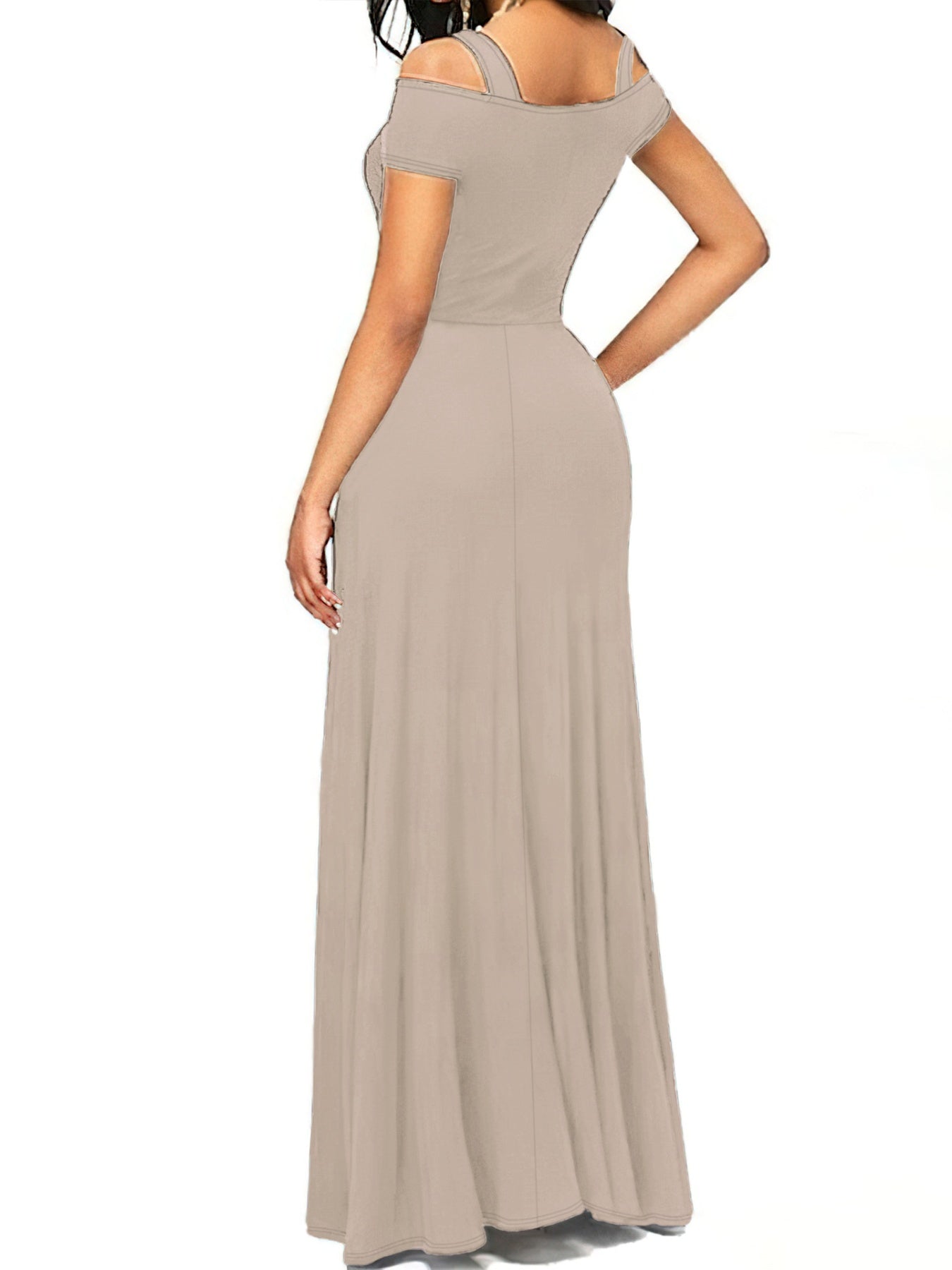 Beige off-shoulder evening gown on a white background