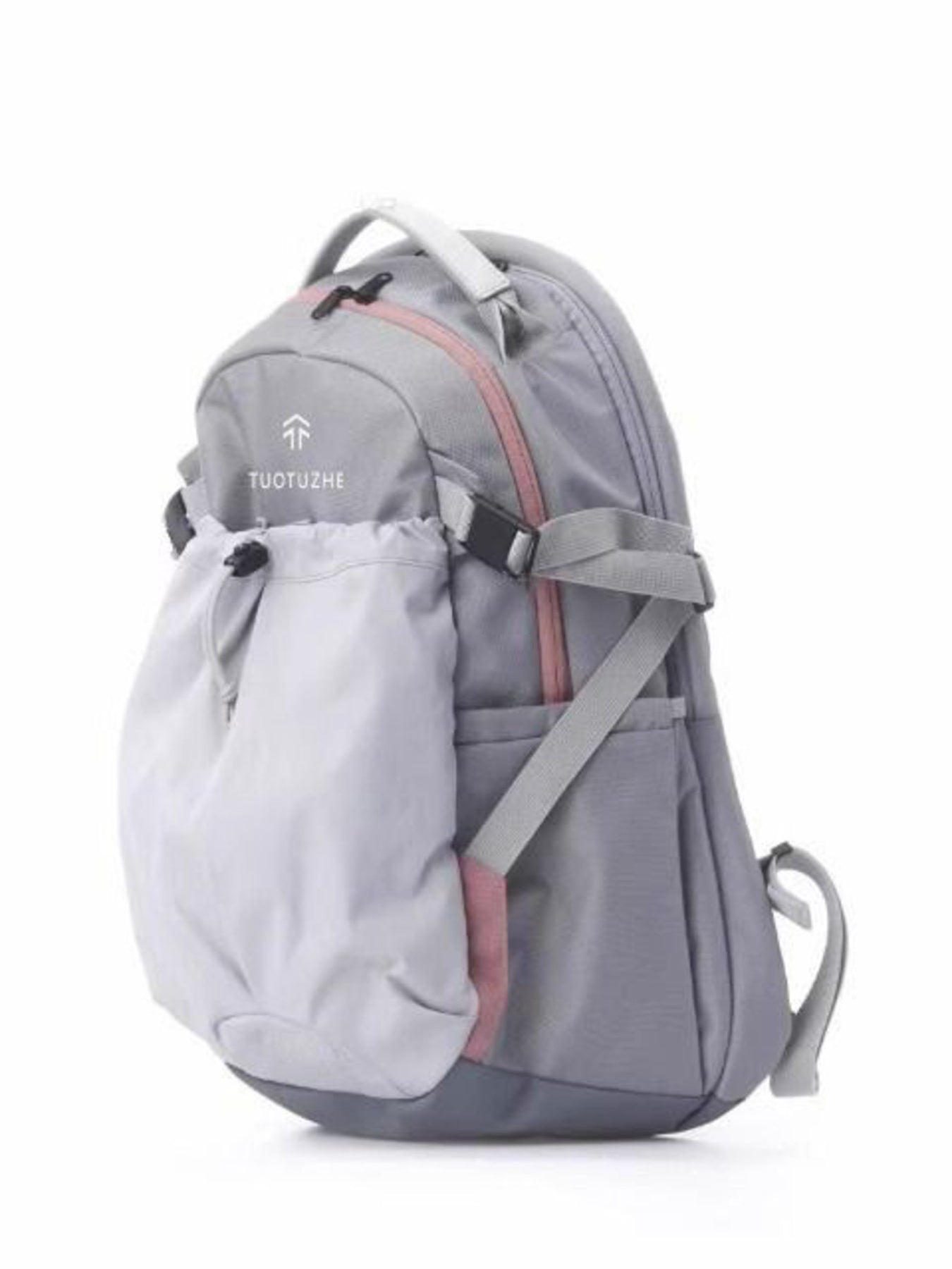 Gray backpack with pink accents on a white background