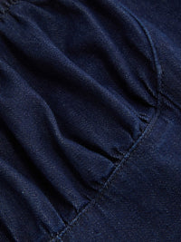 Close-up of dark blue fabric with visible stitching