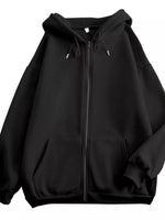 A black zip-up hoodie with a drawstring hood and front pockets, shown against a plain white background.