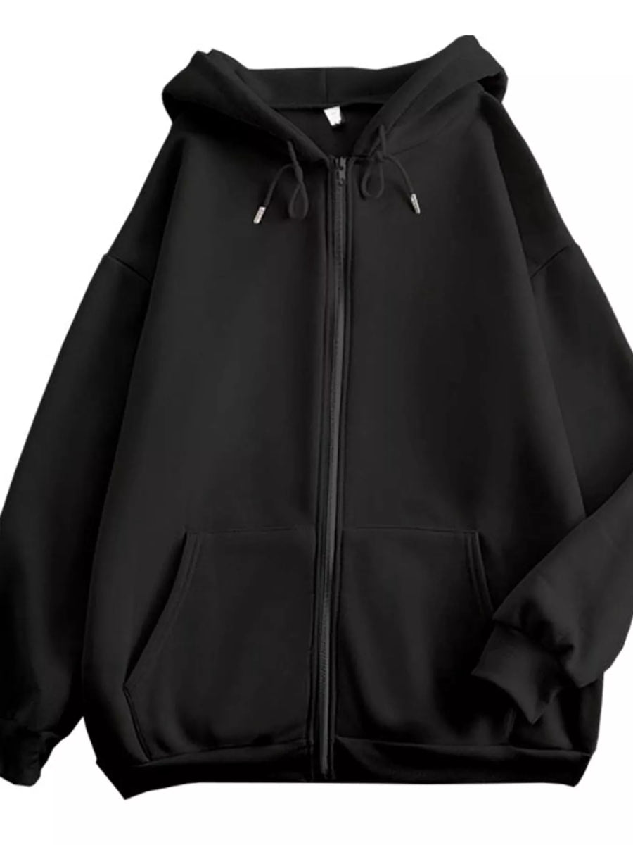 A black zip-up hoodie with a drawstring hood and front pockets, shown against a plain white background.