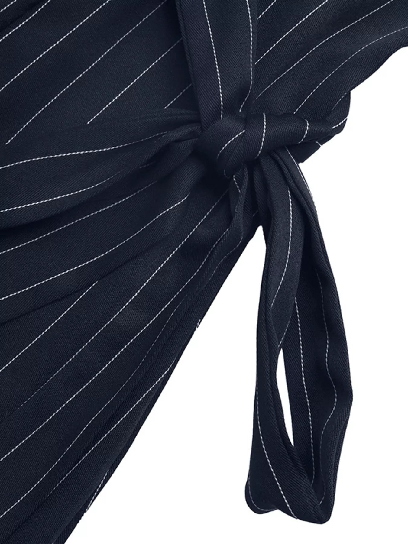 Navy blue pinstripe dress with a knot detail on a white background