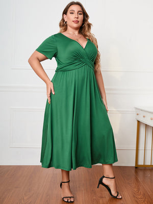 Green Honey Plus Size Short Sleeve Surplice Neck Midi Dress