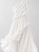A close up view of white One-Shoulder Ruffled Chiffon Maxi Dress