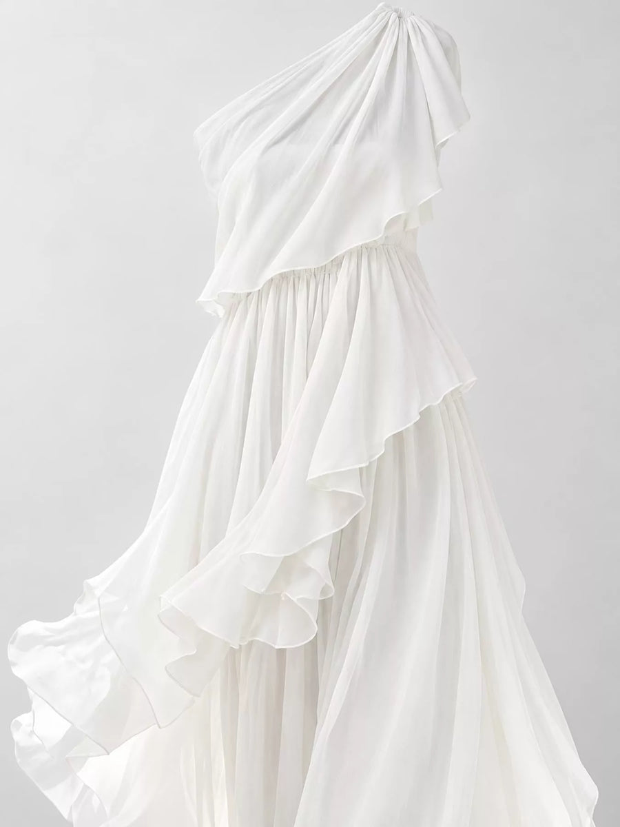 A close up view of white One-Shoulder Ruffled Chiffon Maxi Dress