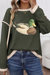 Duck Graphic Contrast Trim Patchwork Casual Knit Top
