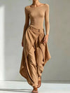 Boat Neck Long-Sleeve Top and Wrap Wide-Leg Pant Set