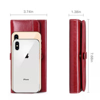 Red phone case with dimensions displayed on a white background