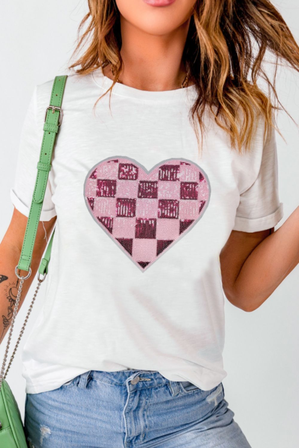 Front view of Sequin Checkered Heart Round Neck Short Sleeve T-Shirt