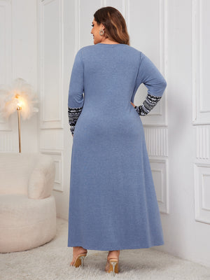 Back view of Honey Plus Size Printed Round Neck Long Sleeve Dress