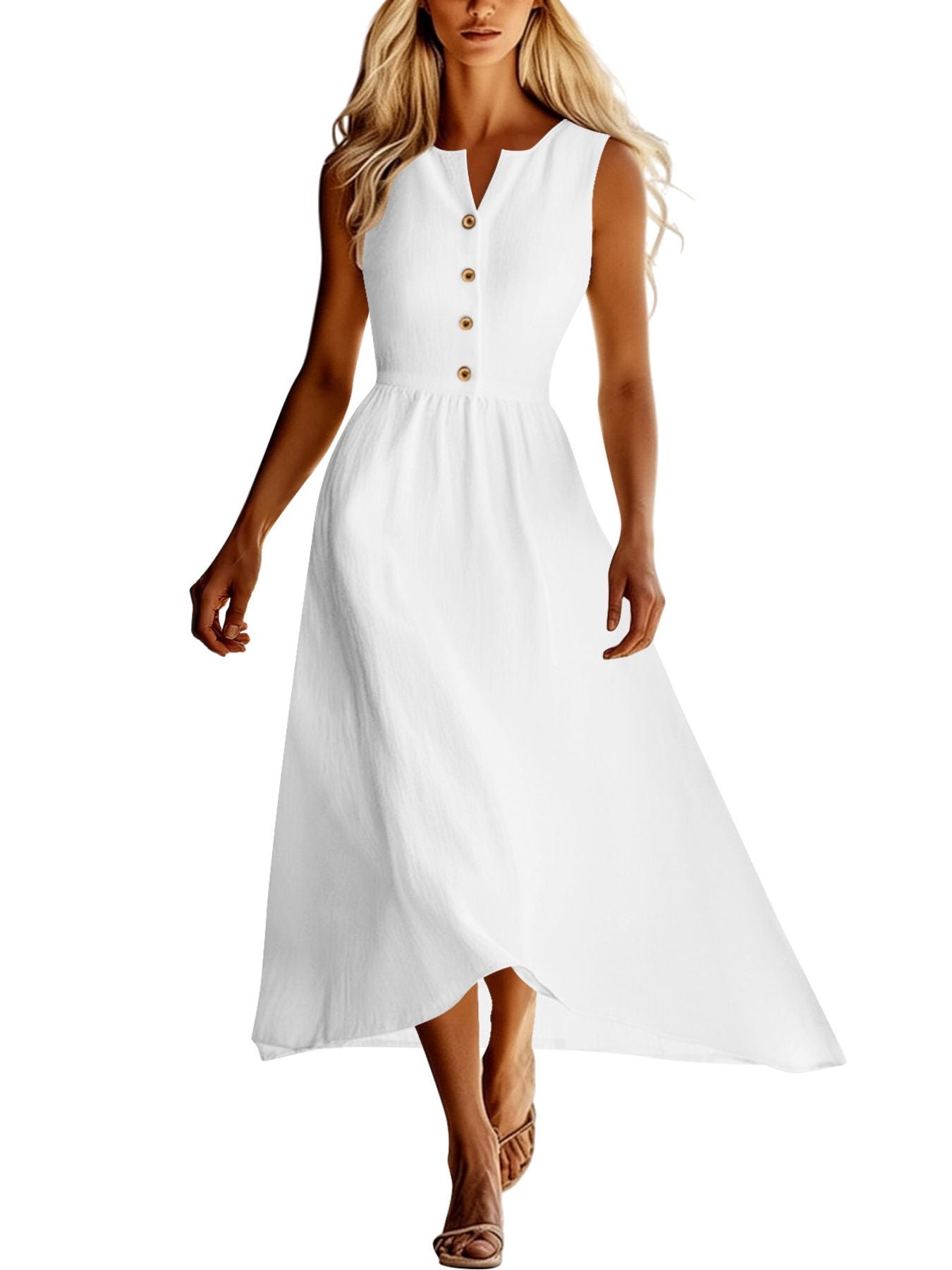 White sleeveless dress with button details on a white background