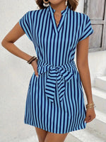Woman wearing a blue and white striped dress with a belt, standing against a light background.