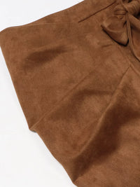 Brown suede skirt with a drawstring on a white background