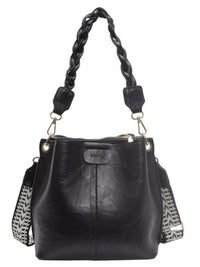 Black leather handbag with braided handle on a white background