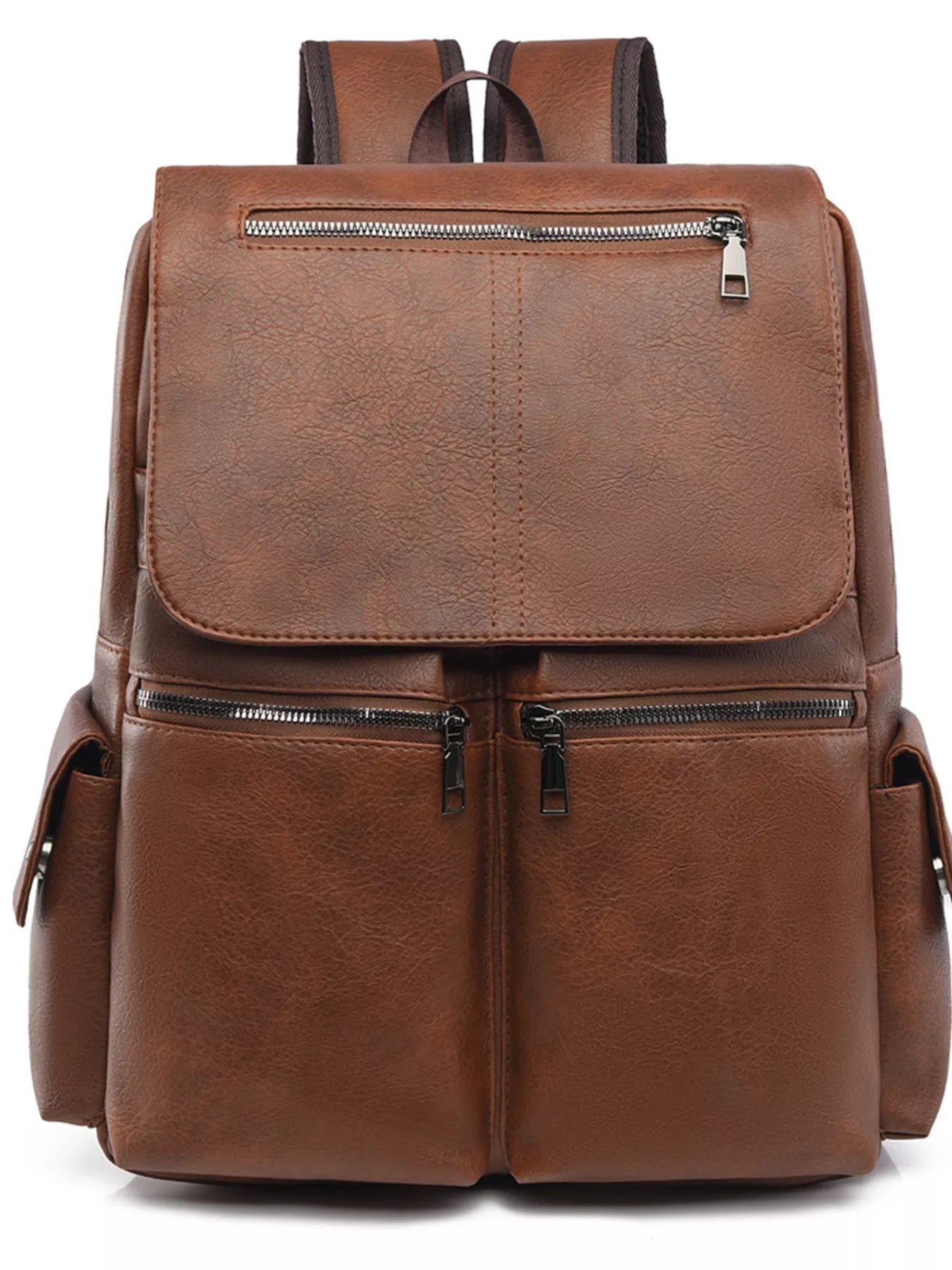 Brown leather backpack on a white background