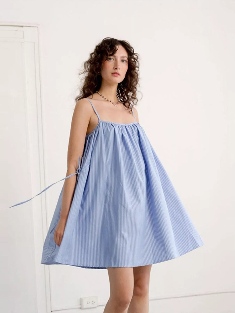 Full view of blue Polka Dot Spaghetti Strap Mini Dress