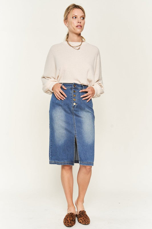 A full body view of Denim button down front midi skirt 