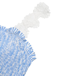 Blue and white patterned fabric with ruffled edge on a white background