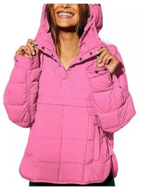 Person wearing a pink puffer jacket on a white background