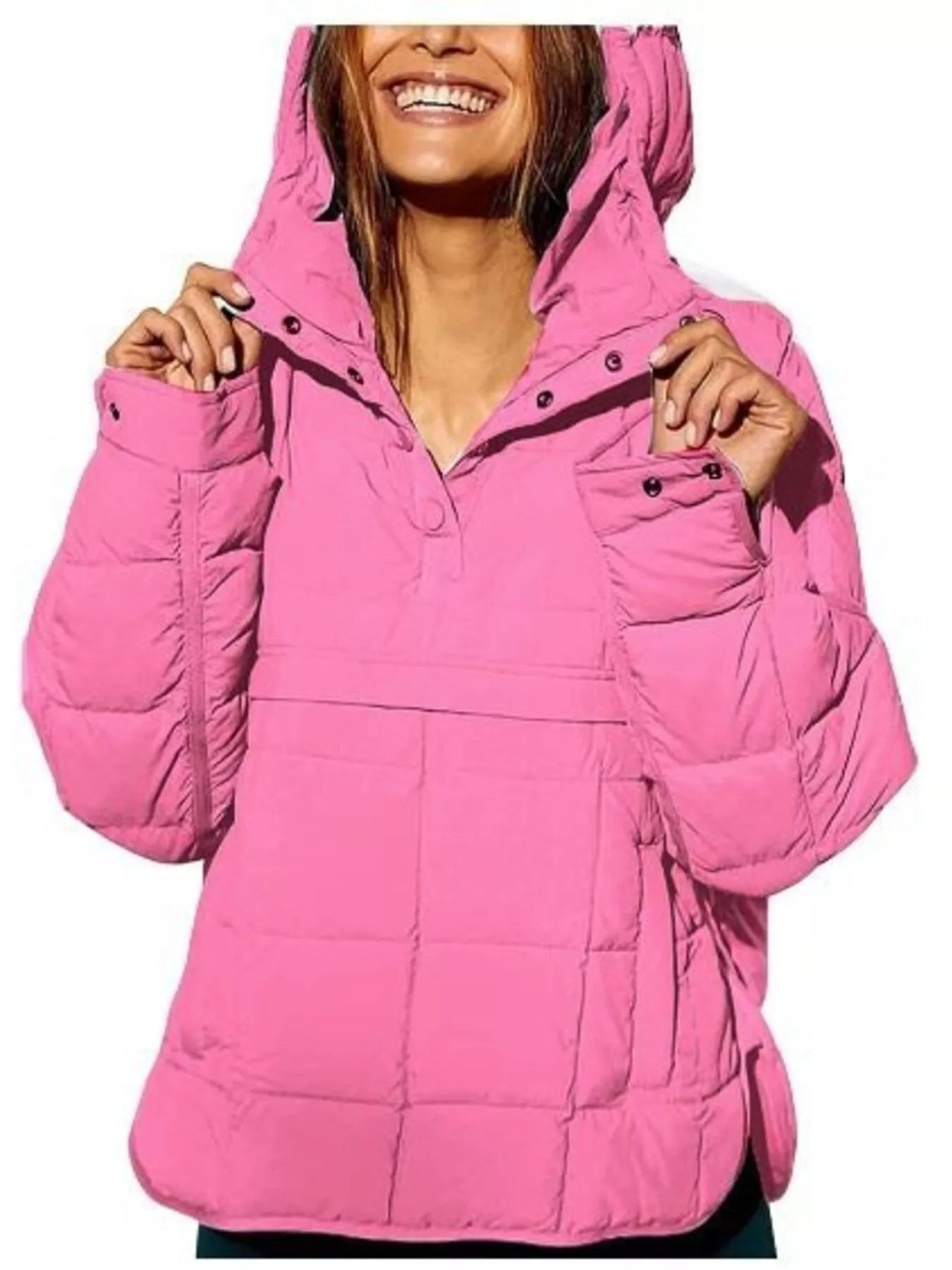 Person wearing a pink puffer jacket on a white background