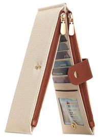 Beige wallet with brown zipper and card slots on a white background