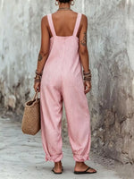 View of the bak of burgundy Full Size Striped Square Neck Wide Leg Jumpsuit Plus Size