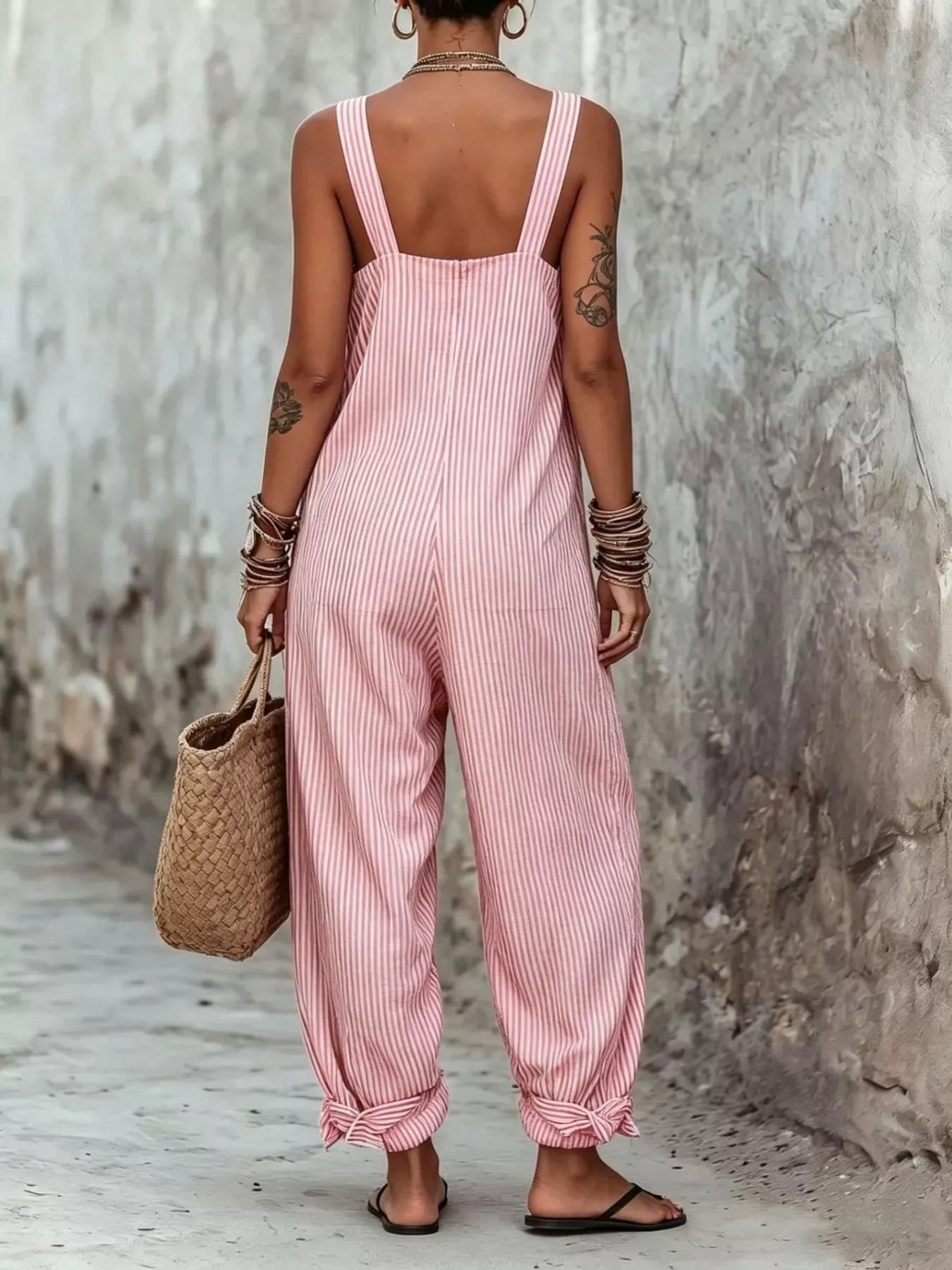 View of the bak of burgundy Full Size Striped Square Neck Wide Leg Jumpsuit Plus Size