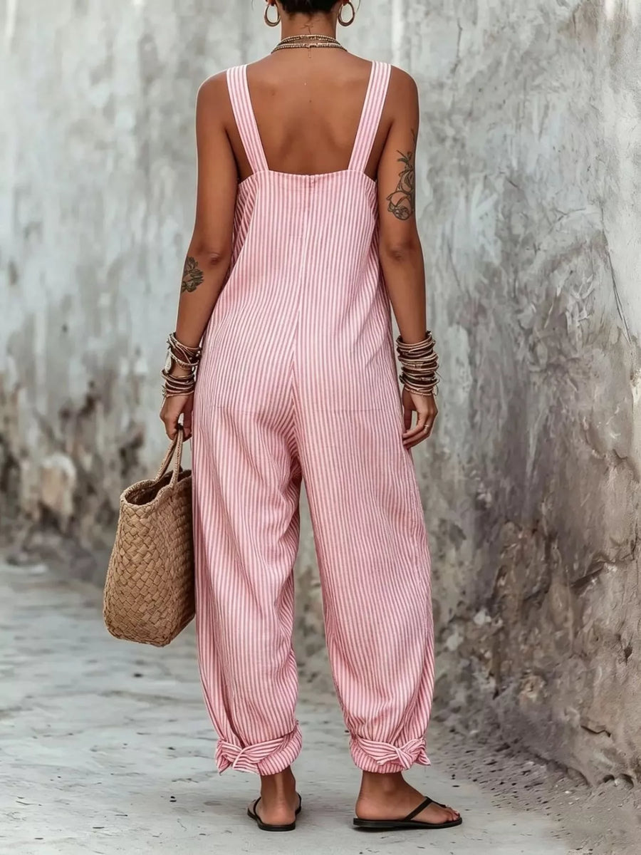 View of the bak of burgundy Full Size Striped Square Neck Wide Leg Jumpsuit Plus Size