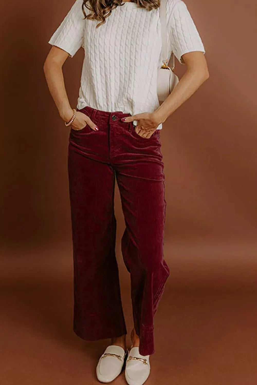 Women's Corduroy Solid Color High Waist Wide Leg Pants