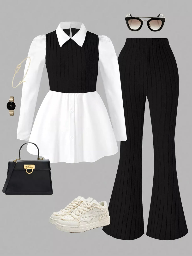 Black and white outfit with flared pants, white sneakers, black handbag, and sunglasses on a gray background.