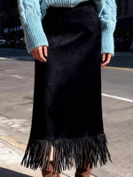 A view of a black High-Waisted Fringe Midi Skirt