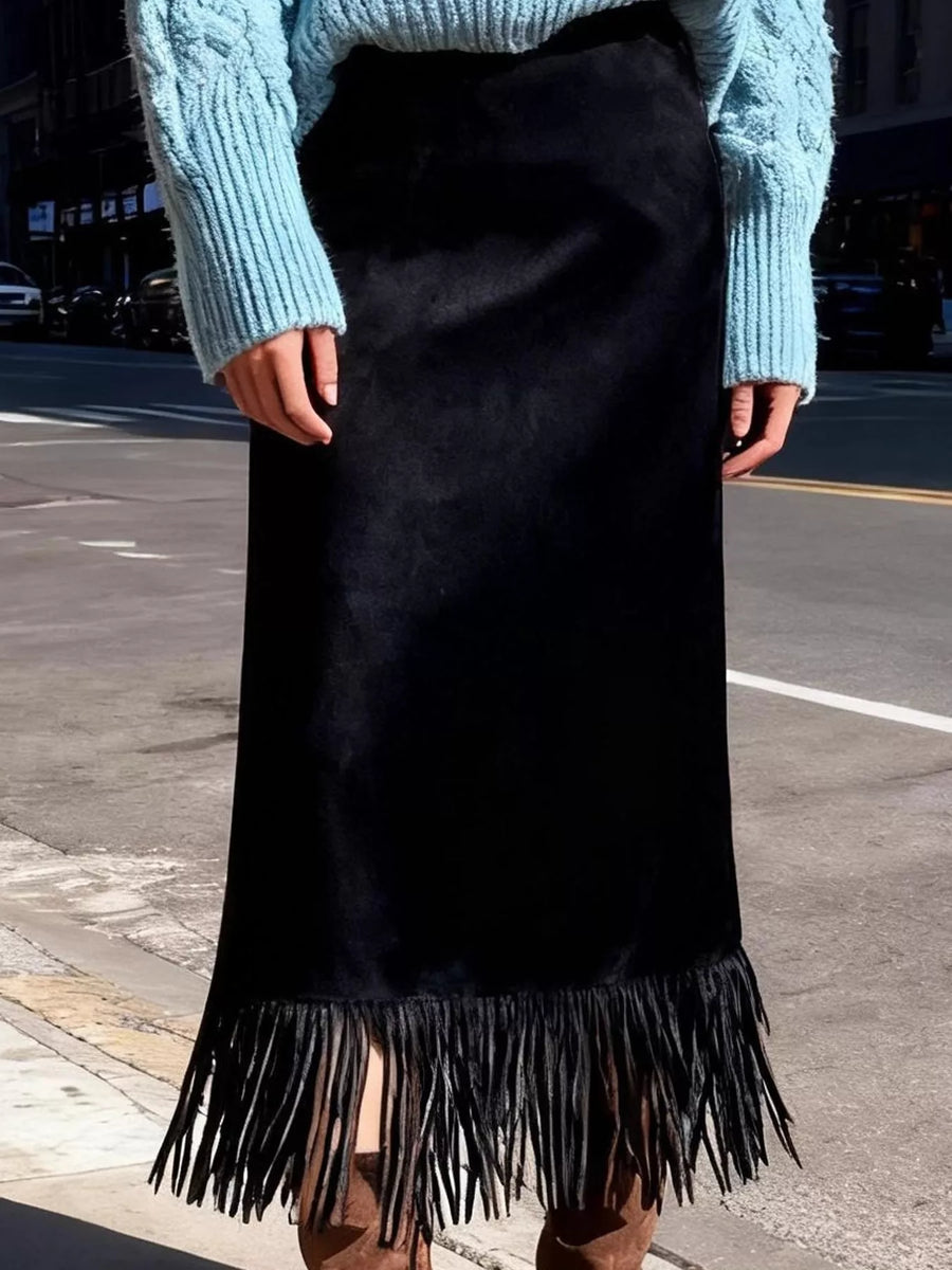 A view of a black High-Waisted Fringe Midi Skirt