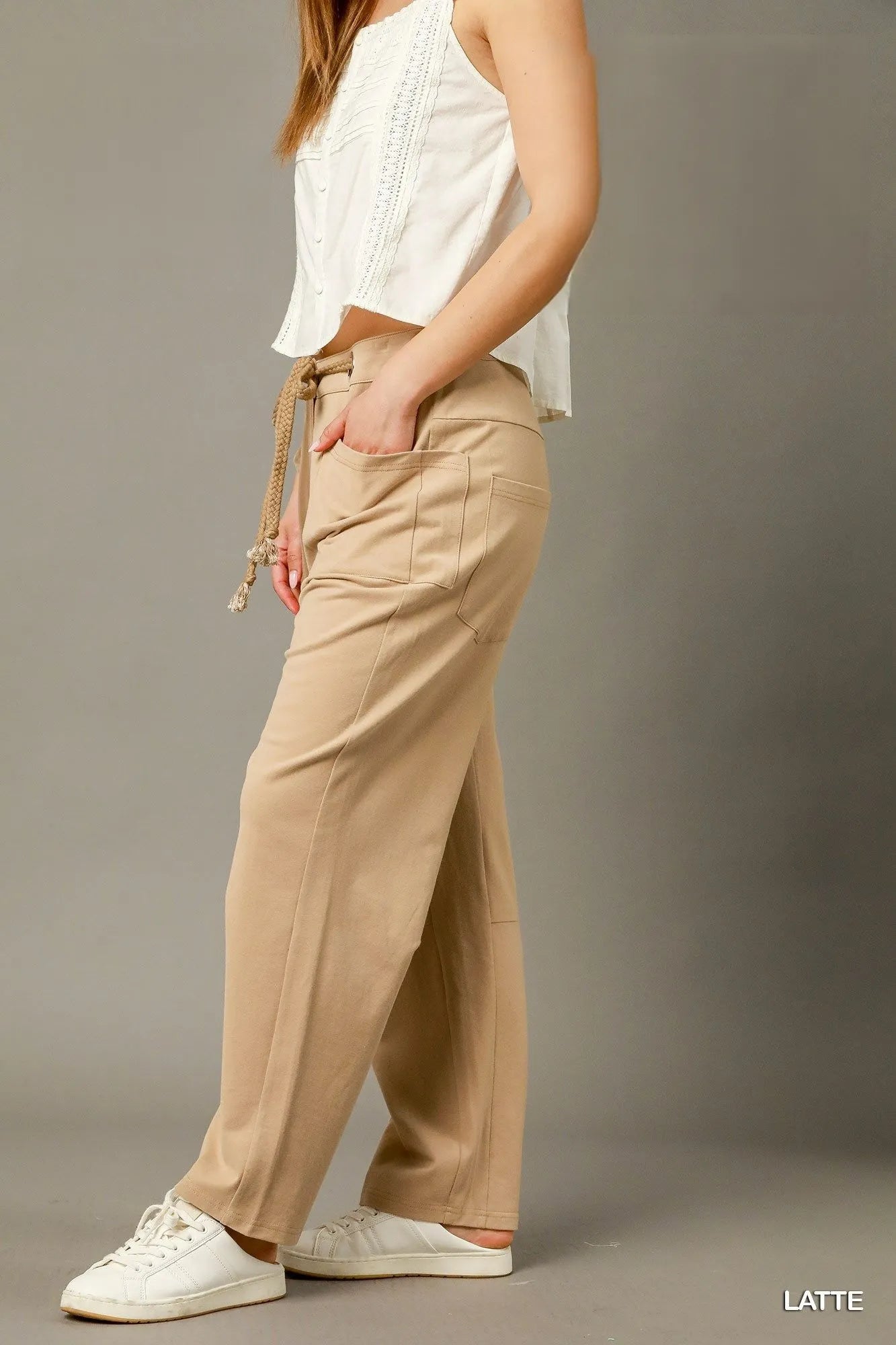 side view of pocket on Umgee Cargo-Inspired Drawstring Pants