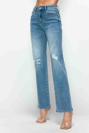 Front view of bytos Full Size Distressed High Rise Straight Jeans