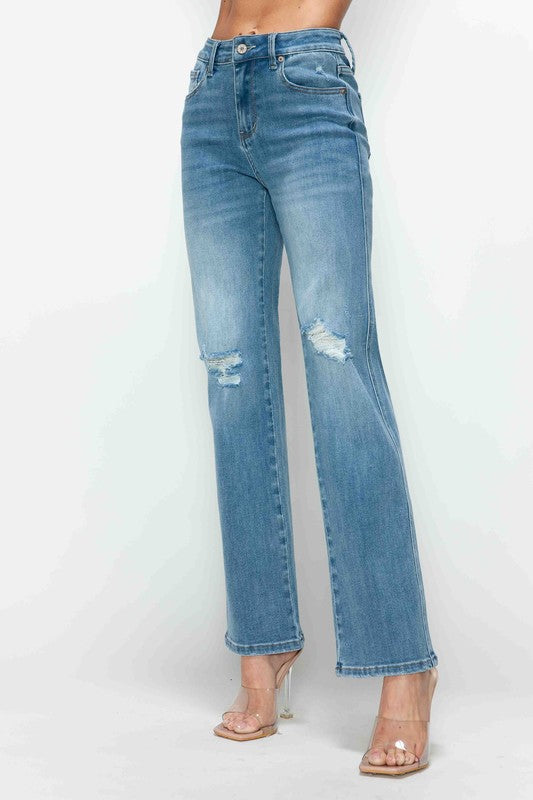 Front view of bytos Full Size Distressed High Rise Straight Jeans