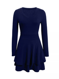 Navy blue dress with long sleeves on a white background