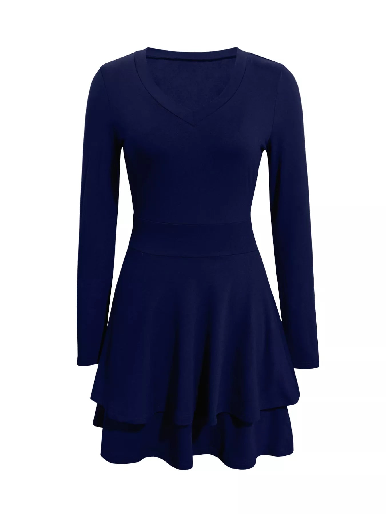 Navy blue dress with long sleeves on a white background