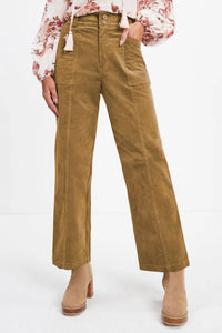 Brown corduroy pants worn by a person on a white background