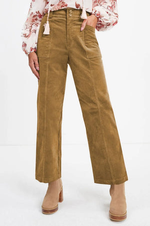 Brown corduroy pants worn by a person on a white background