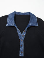 Black shirt with a denim collar and buttons on a white background
