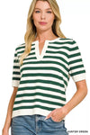 Ladies Zenana Split Neck Stripe Short Sleeve Sweater