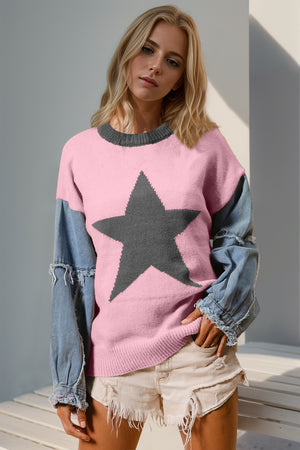 Pink Double Take Full Size Star Pattern Raw Edge Long Sleeve Sweater