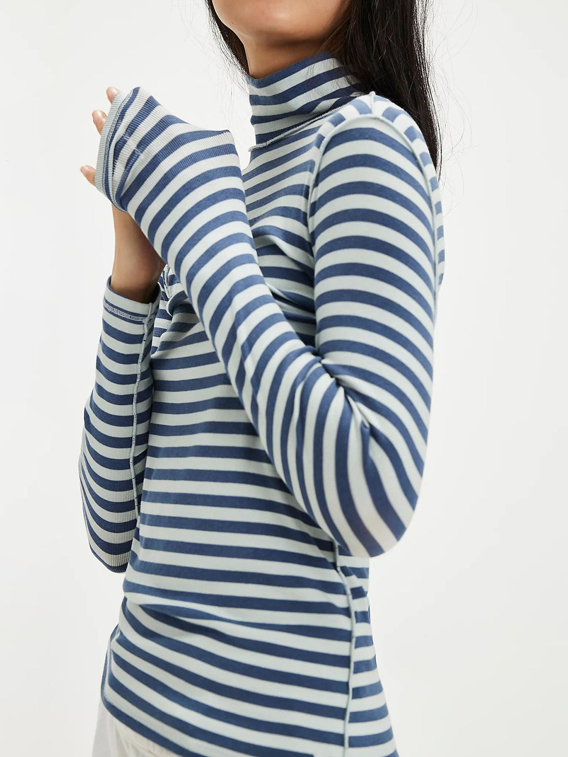 Side view of Exposed Seam Striped Turtleneck Long Sleeve T-Shirt