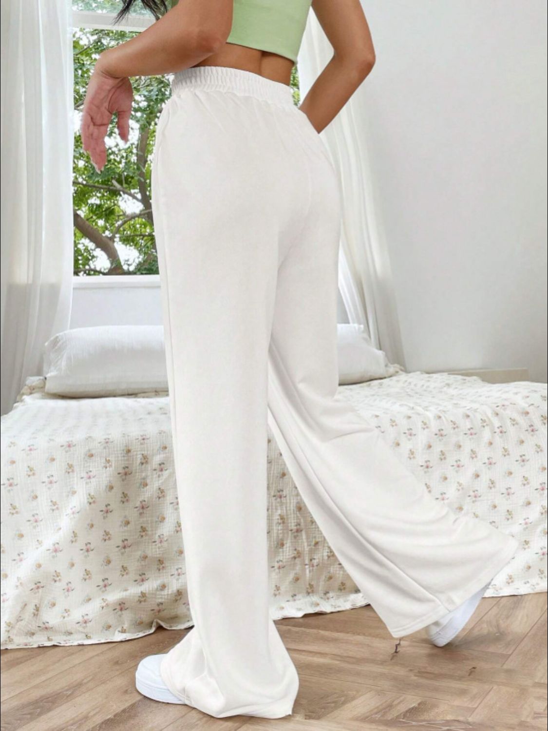 Back vie of Elastic Waist Wide Leg Jogger Pants