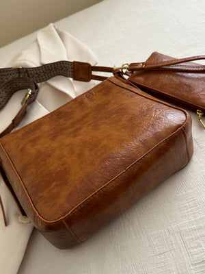 Another side view of brown PU Leather Adjustable Strap Crossbody Bag with Pouch