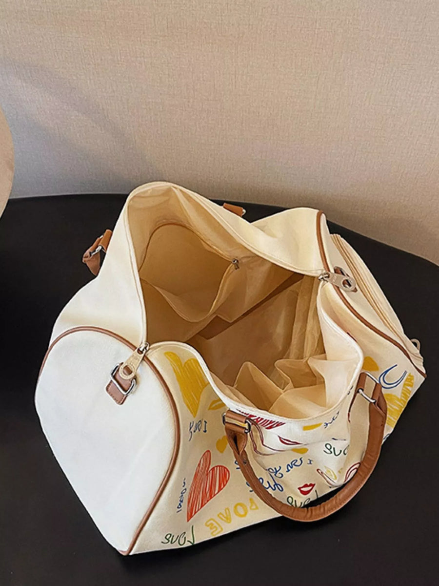 White handbag with colorful interior lining on a black surface